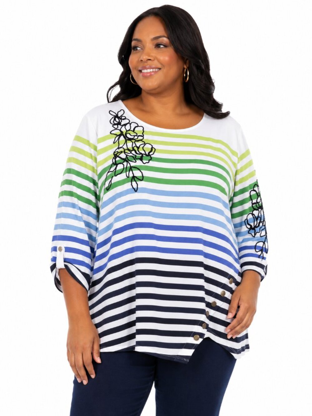 Ruby Rd. Women’s Striped Floral Top Size XL 100% Cotton Blue Green Tunic